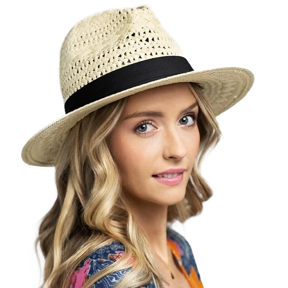 2695 Vented Panama Fedora Sun Hat , Black Ribbon and Patterned Weave Accent